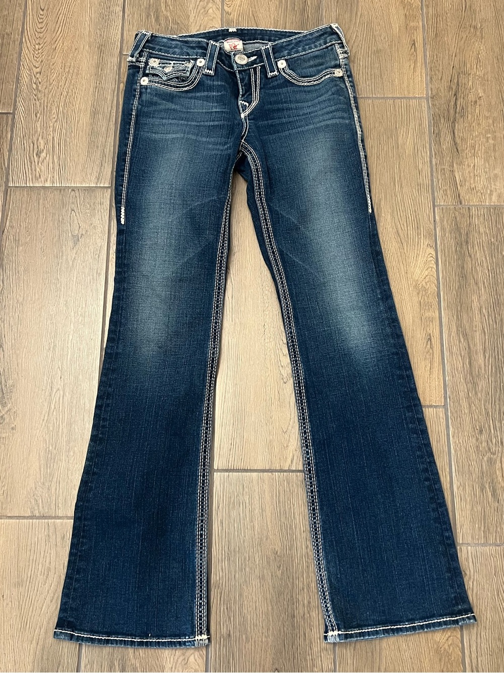 True Religion Low-Rise Dark Blue Flare Jeans with Contrast Stitching
